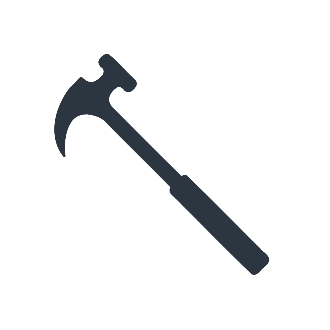Silhouette of a hammer with a black handle and head on a white background.