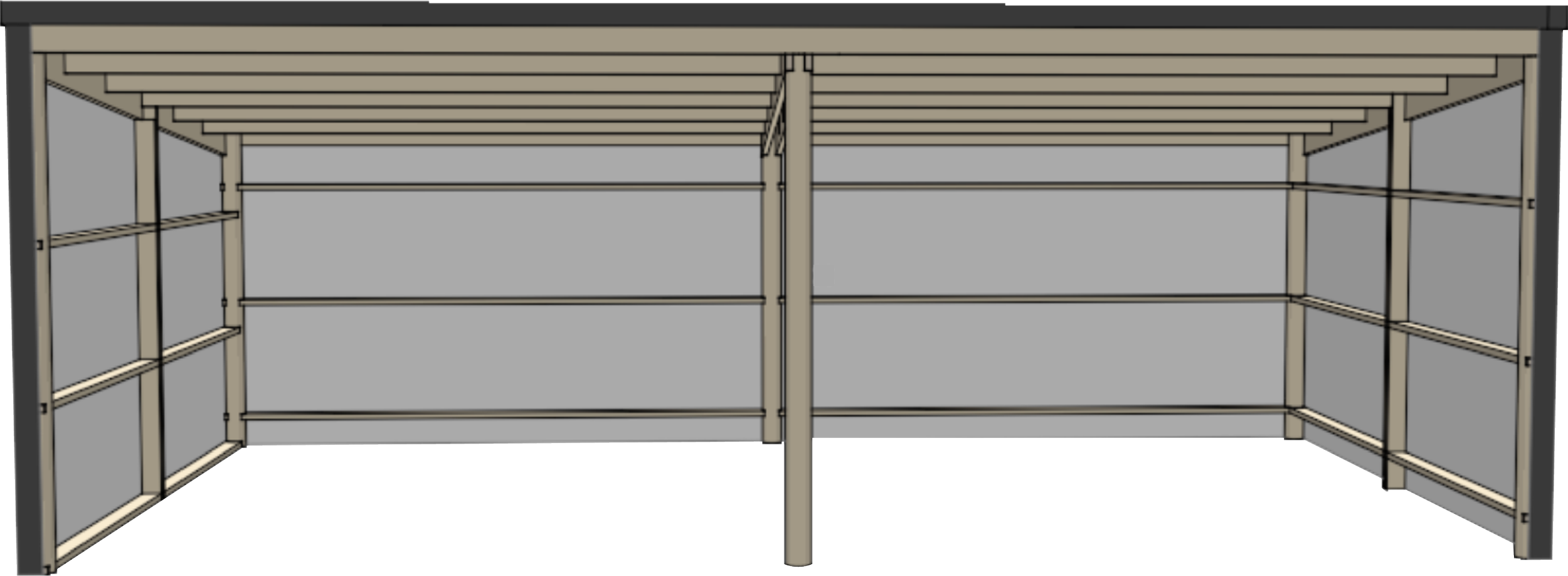 A 3D illustration of a wooden storage shelving unit with multiple shelves and side panels.