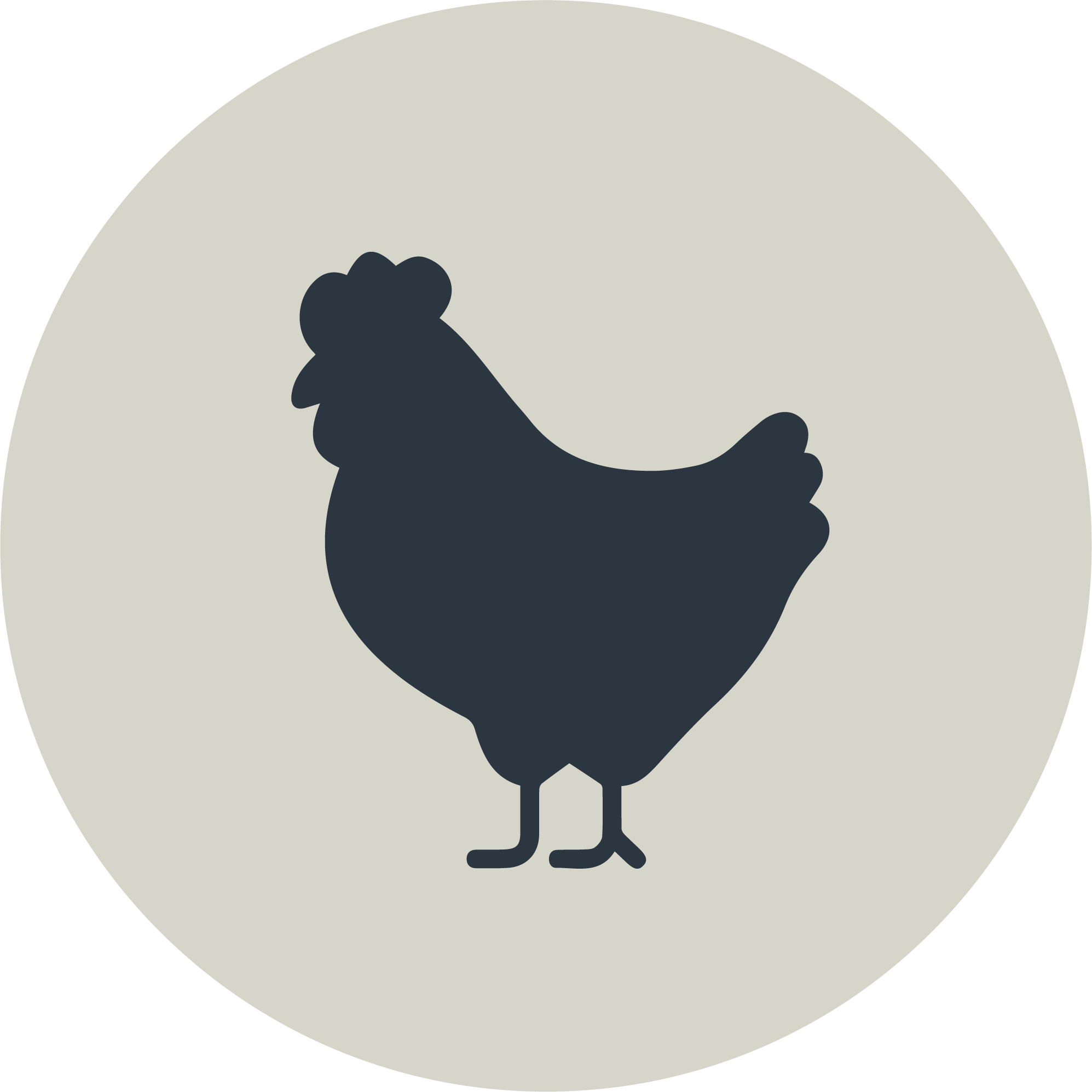 Silhouette of a chicken inside a circular gray background.