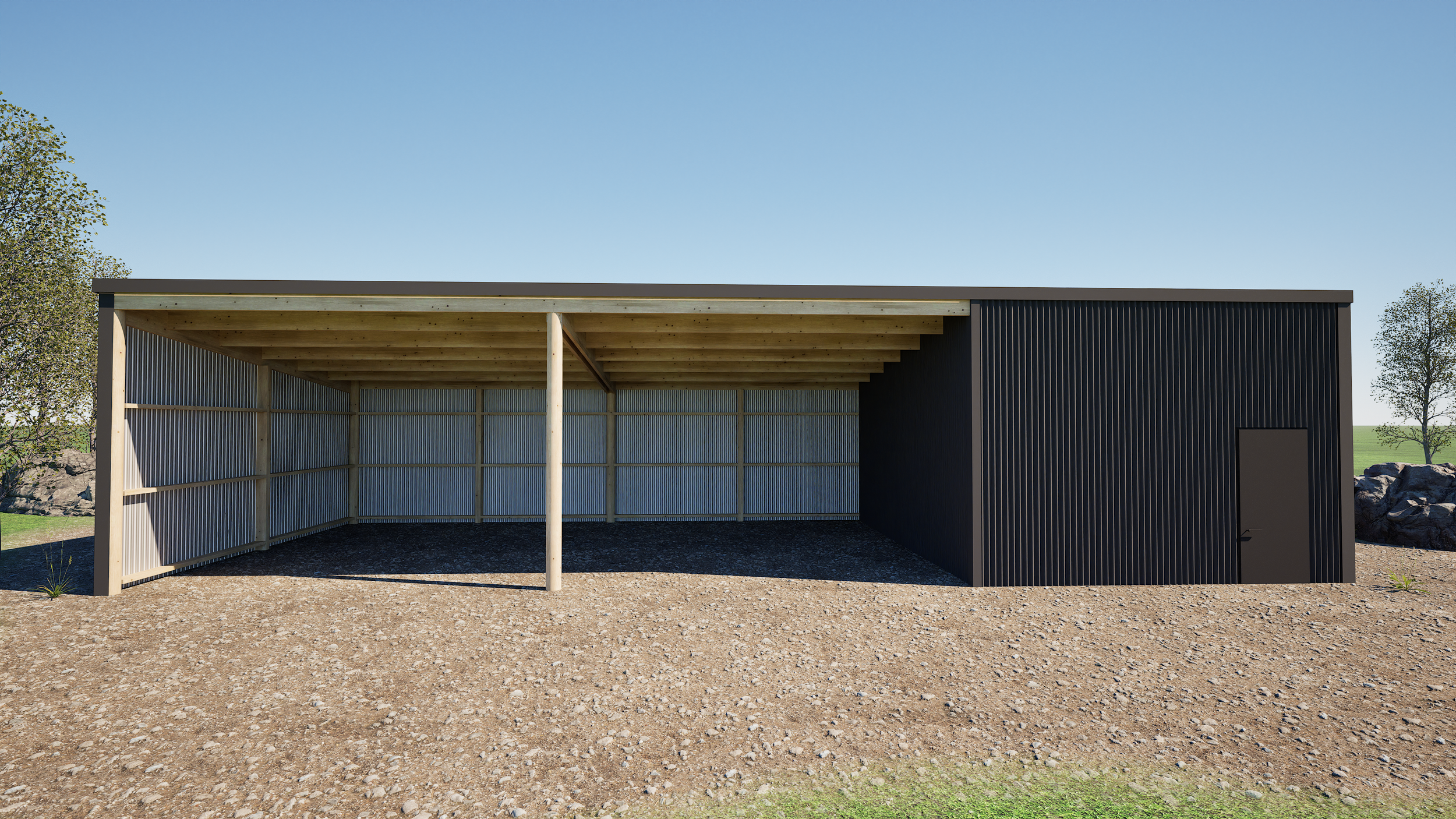 A modern, partially enclosed outdoor structure with a metal roof, wooden beam support, and black vertical siding, set on a gravel surface with trees in the background.