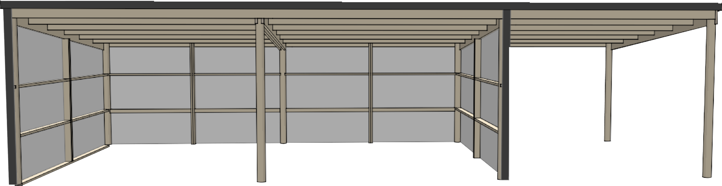 Sketch of a partially built outdoor shelter with a wooden frame and walls, supported by wooden poles.