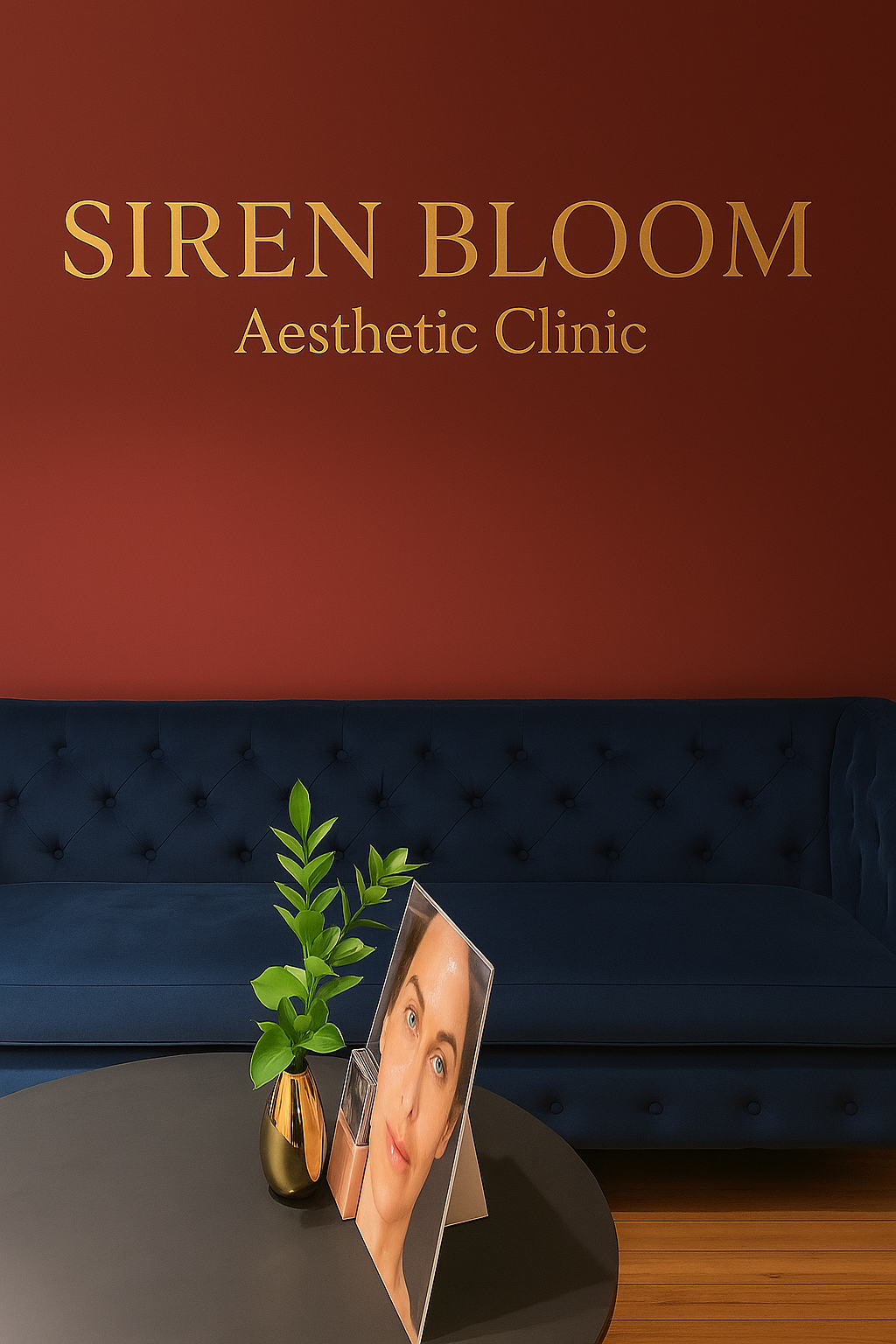 Interior of Siren Bloom Aesthetic Clinic with a dark blue tufted sofa, a round black table holding a green plant in a gold vase, and a portrait of a woman on the table. The wall is painted in a warm reddish-brown color with the clinic's name, Siren Bloom Aesthetic Clinic, in gold lettering.