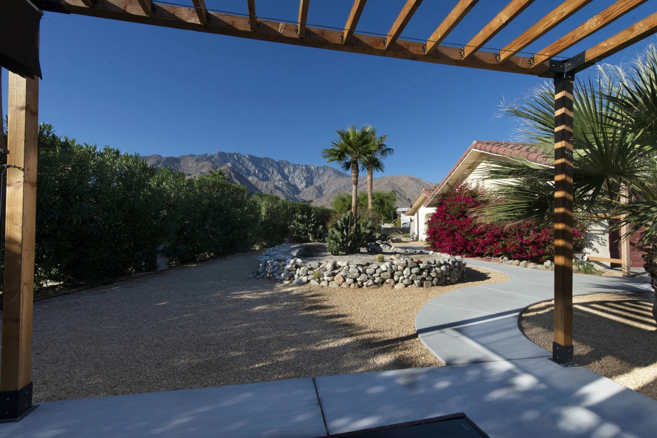 A desert-style backyard with a circular arrangement of rocks around a palm tree, a cactus, and colorful flowering bushes, with mountains in the background under a clear blue sky.