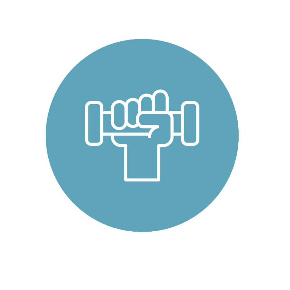 Icon of a clenched white fist gripping a dumbbell on a blue circular background.