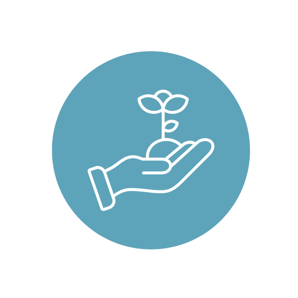 Line drawing of a hand holding soil with a small plant growing from it, inside a blue circle.