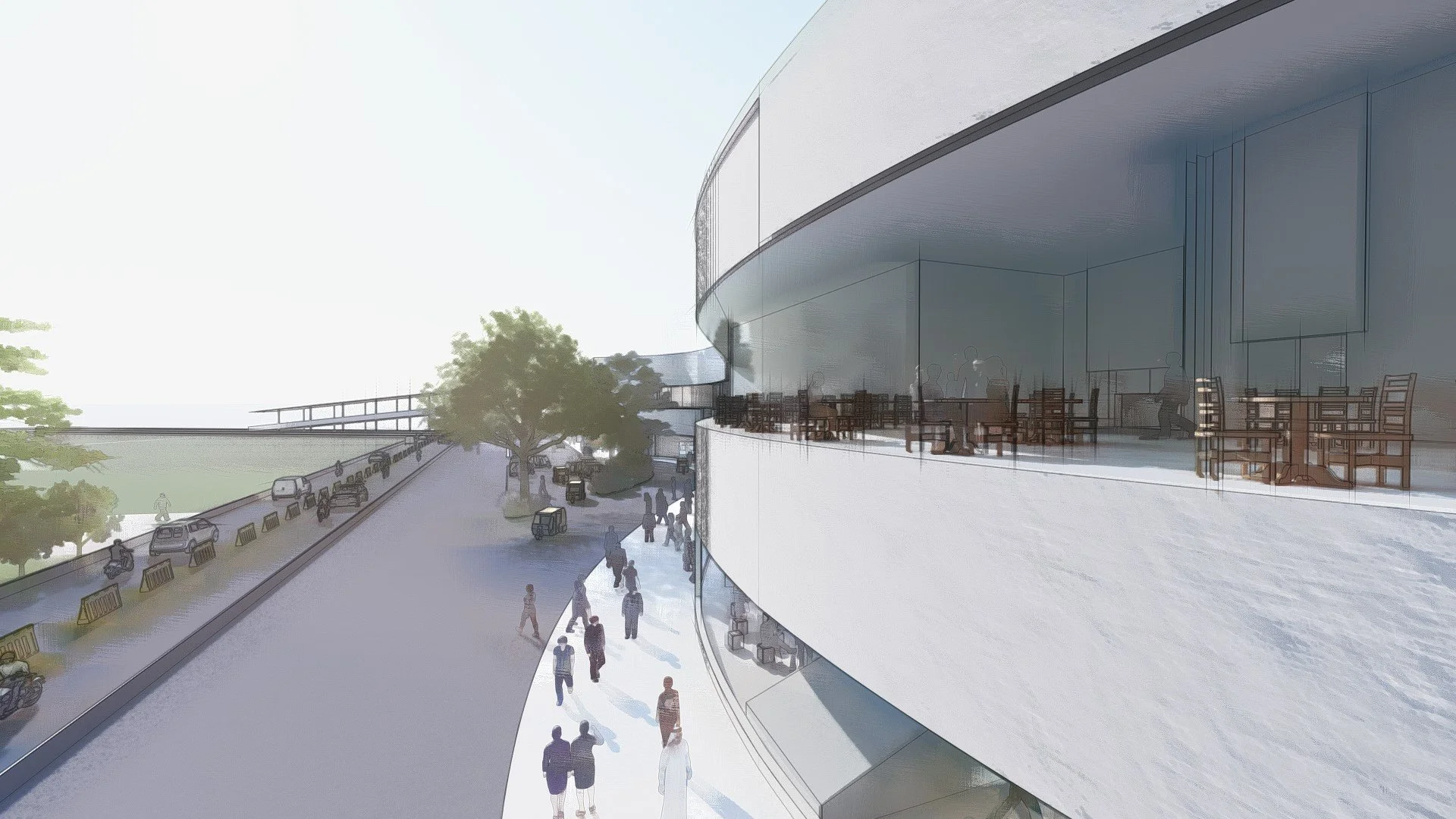 View of restaurant (first floor) and terminus front with taxi / car / auto pickup and drop off zones