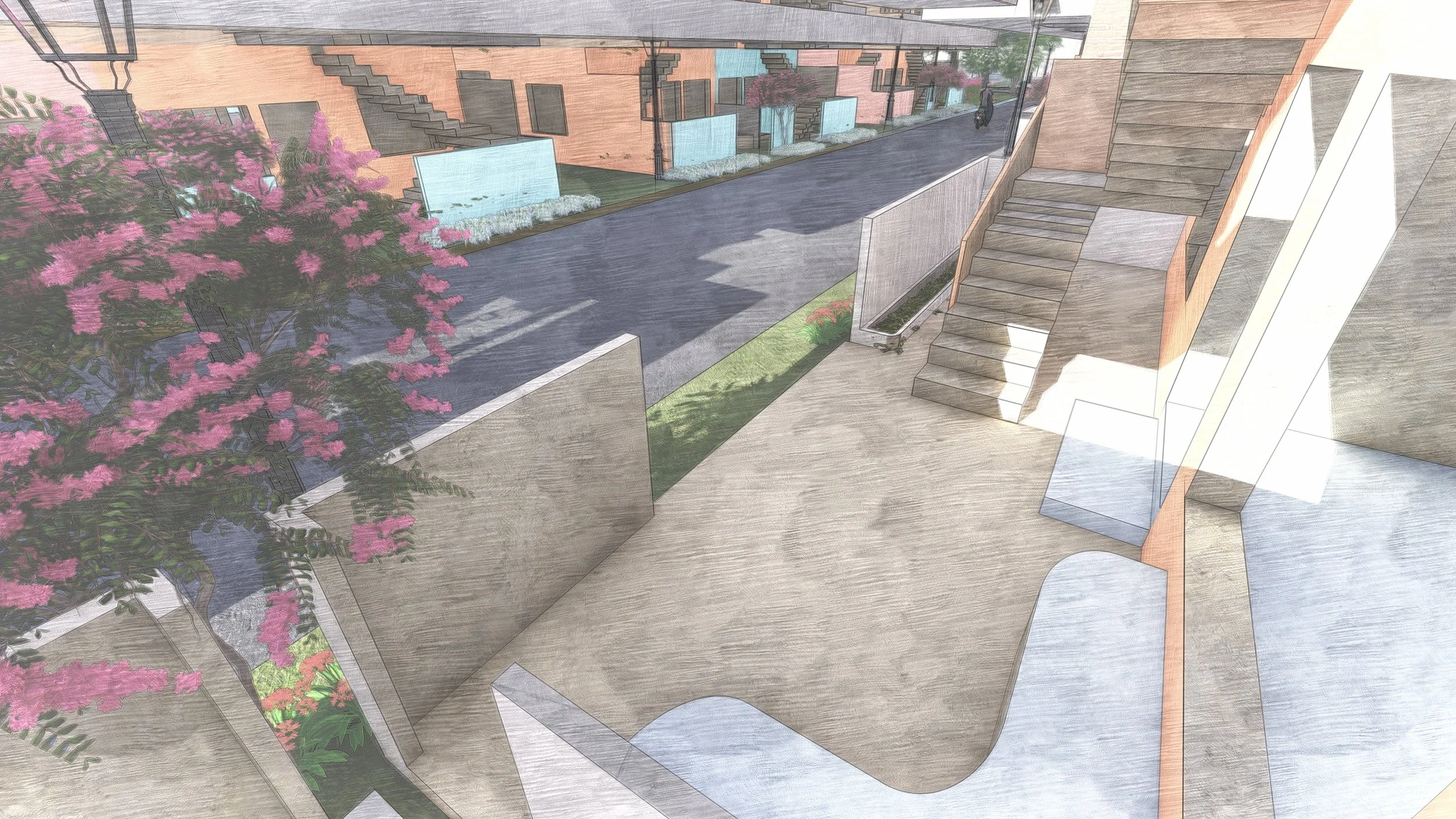 Housing row front - staircase and outdoor seating