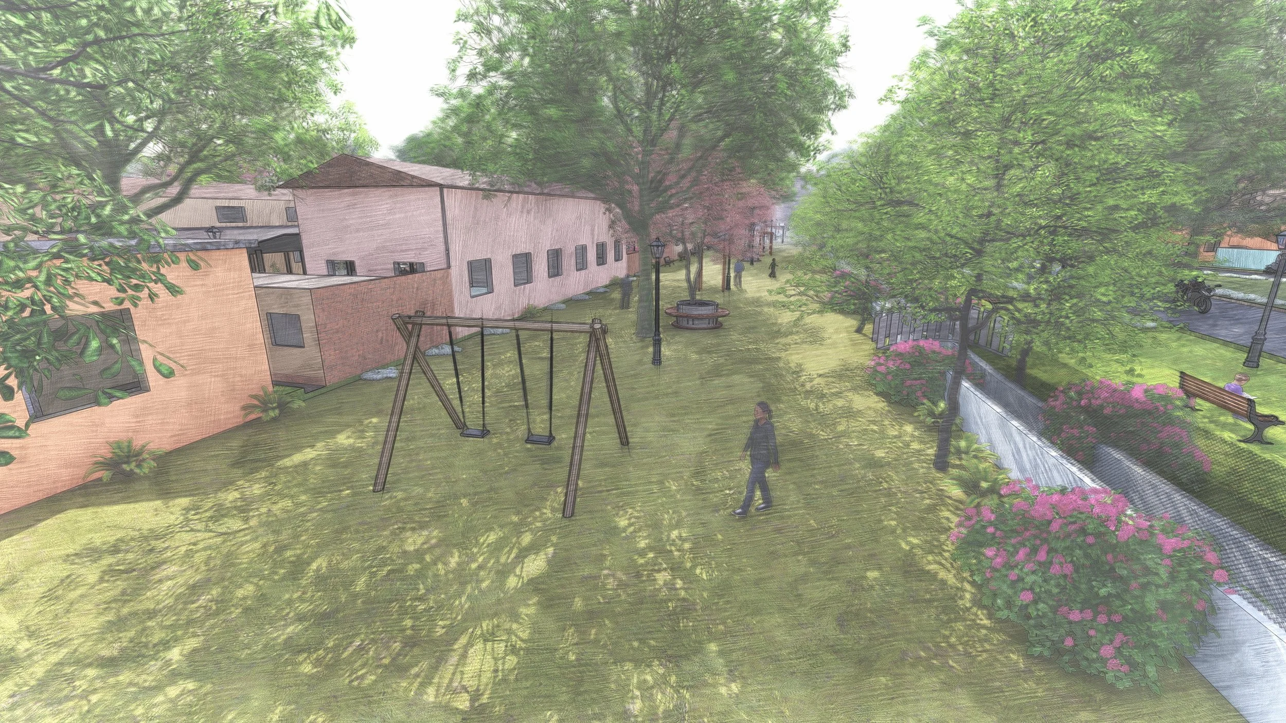 Community greens on the rear side of the workshops, running along the nala on the southern side