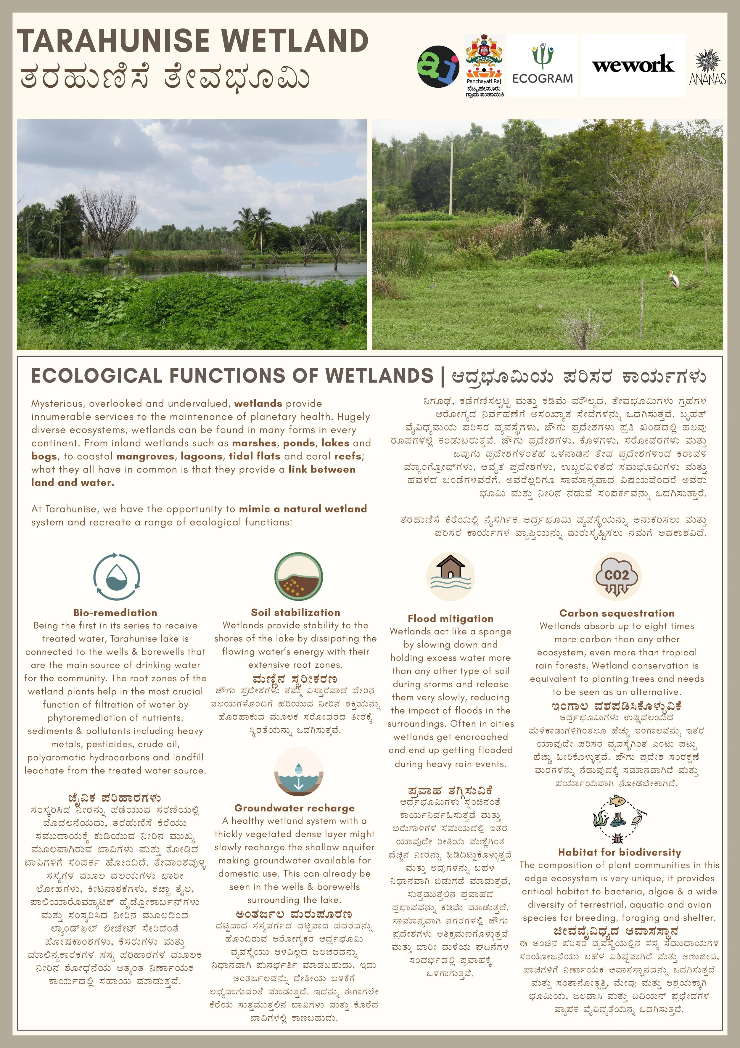 A signboard titled 'Tarahunise Wetland' with images of a wetland, showing trees, water, and vegetation. The signboard includes descriptions in English and Kannada about ecological functions of wetlands such as bio-remediation, soil stabilization, groundwater recharge, flood mitigation, carbon sequestration, and habitat for biodiversity, along with various organizational logos at the top.