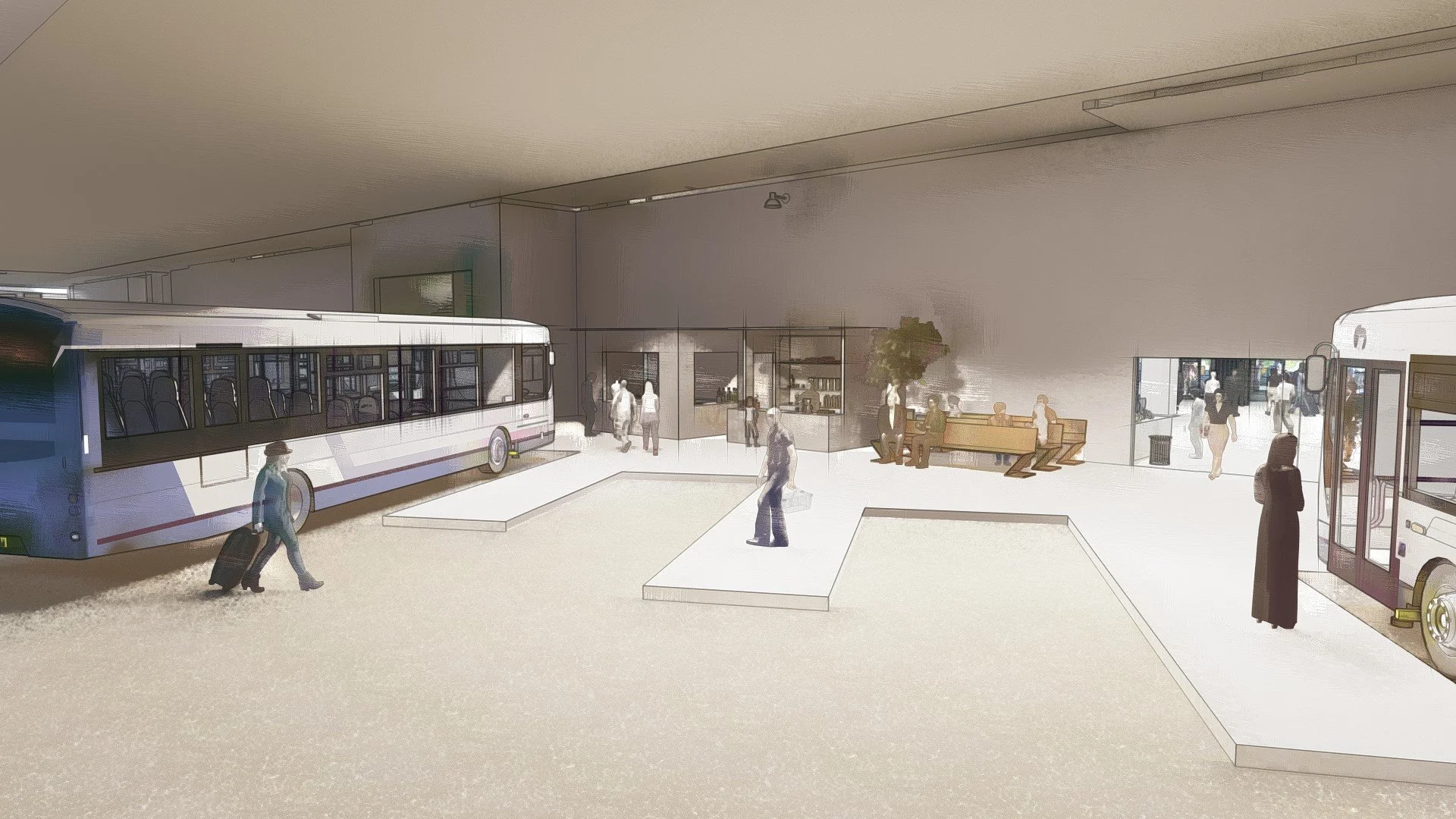 Boarding bays (ground floor) with seating and kiosks