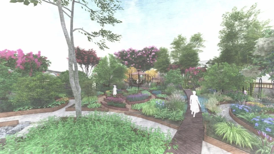 6 - Render (View from deck - veggie gardens, gazebo, basin)