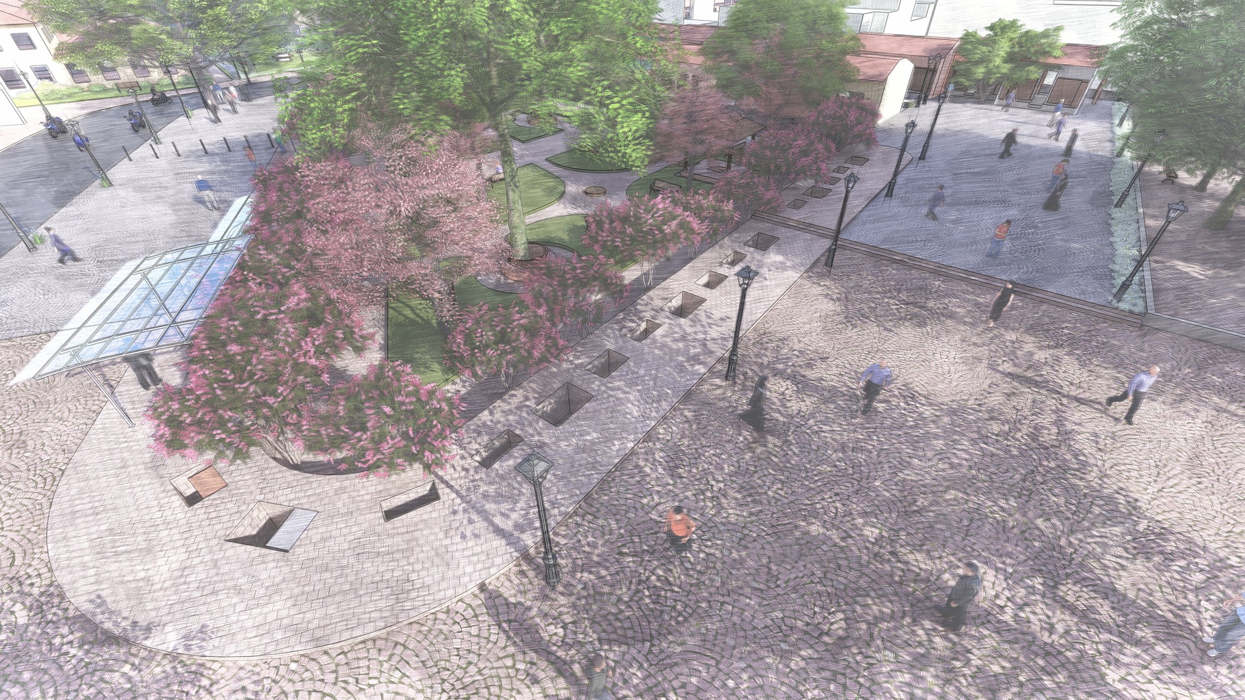 Market plaza with open space and vendors