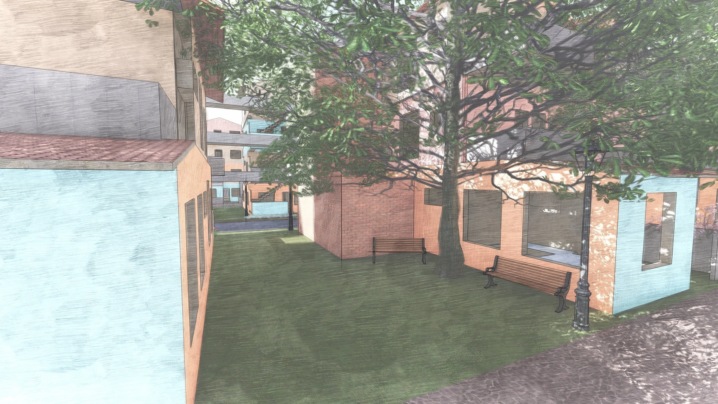 Small green spaces connecting streets and housing blocks