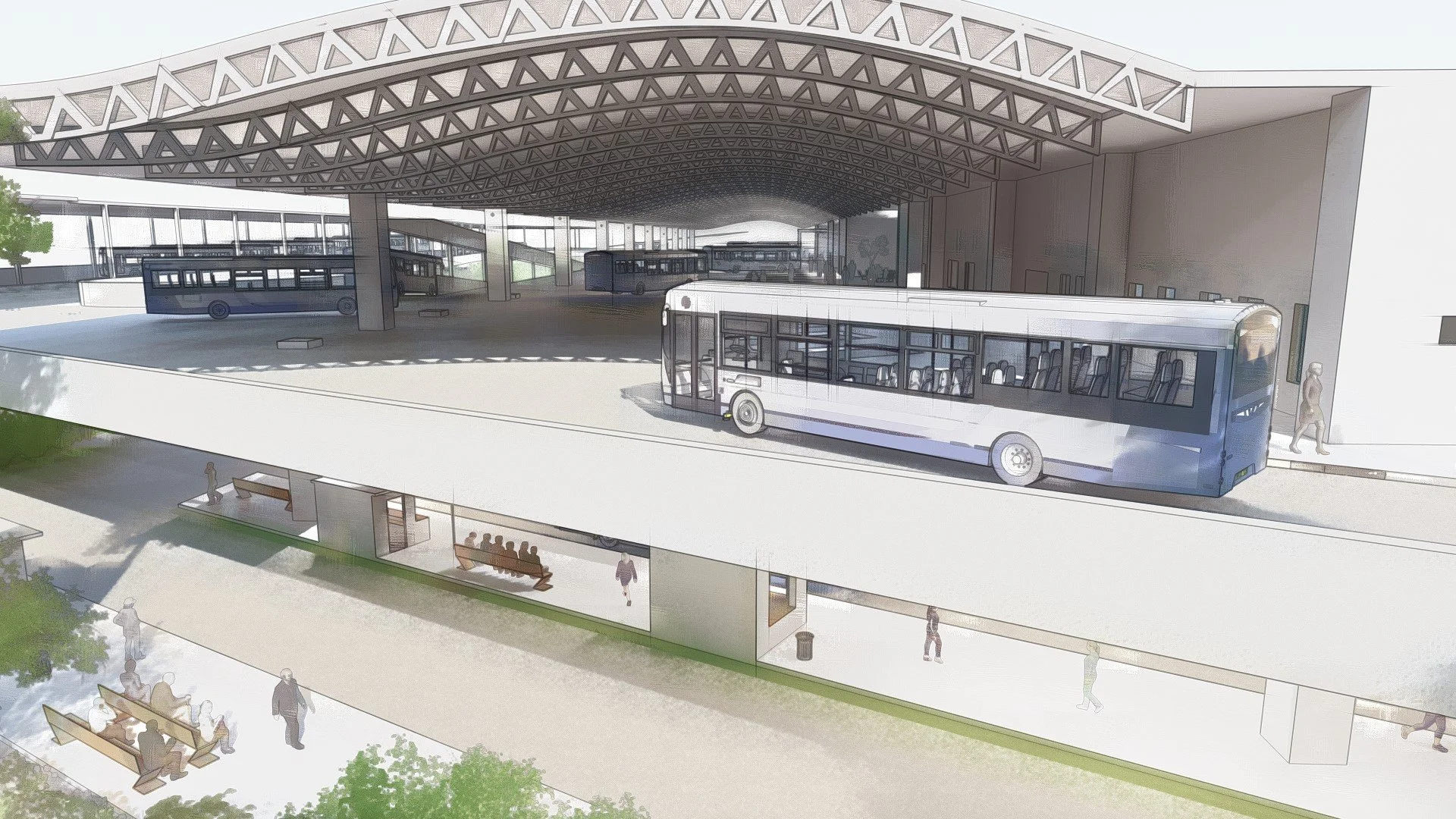 View from north showing upper level (state bus bays) and lower level (city bus platforms)