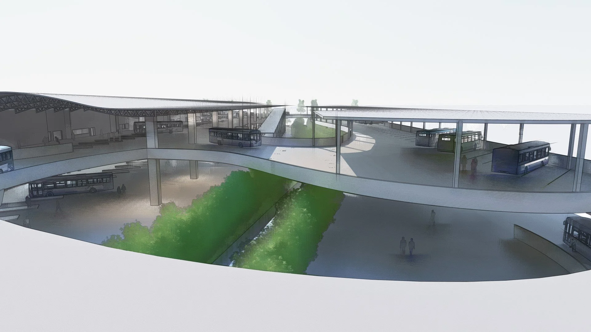 Upper level: State bus bays (L), idle parking (R); Lower level: City bus bays (L), depot and service (R)