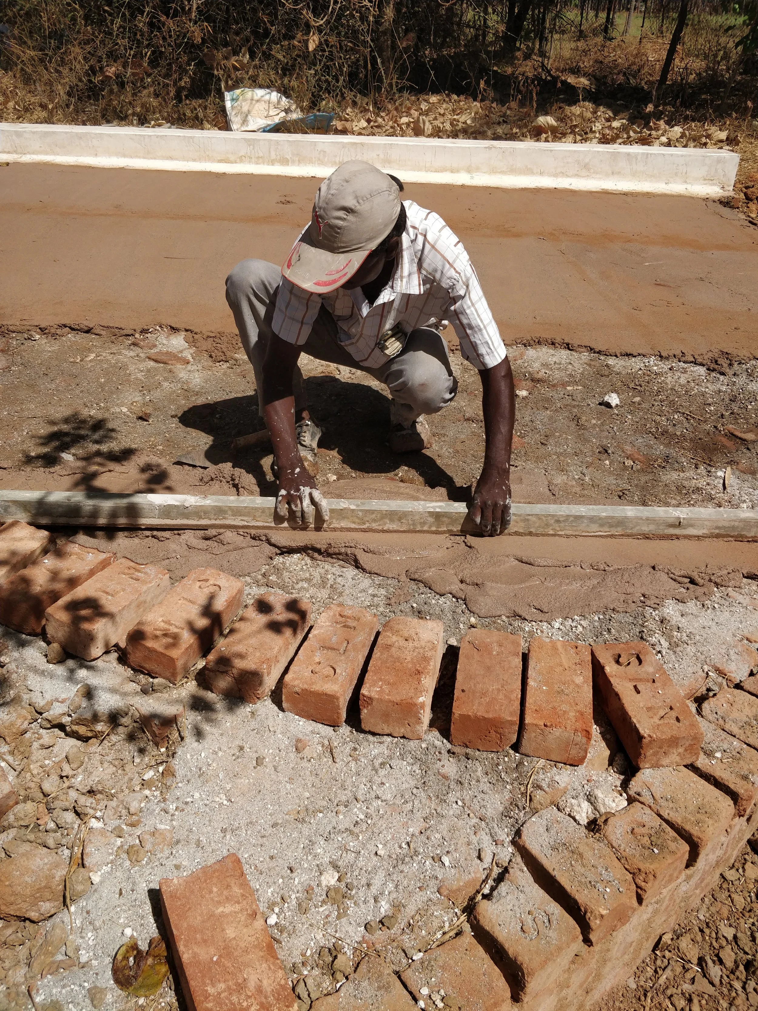Plastering the stage with lime and adapting curves to existing Honge (Pongamia pinnata tree)