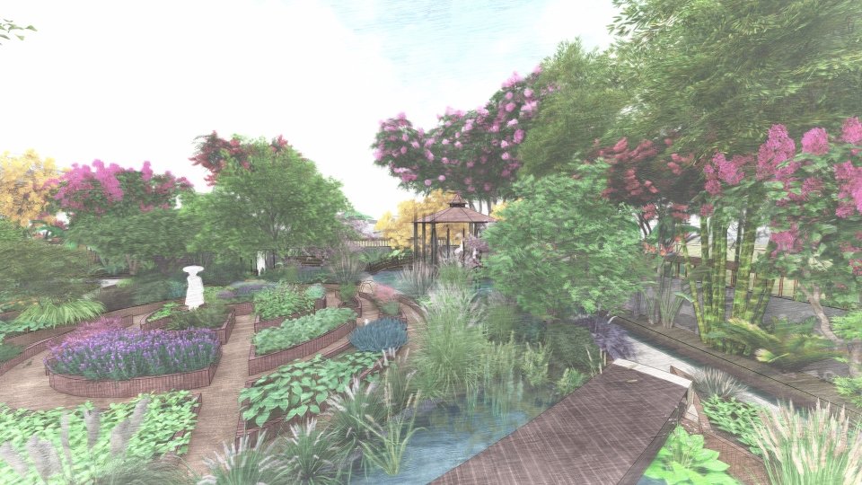 1 - Render (Veggie garden and raised pathway across basin)