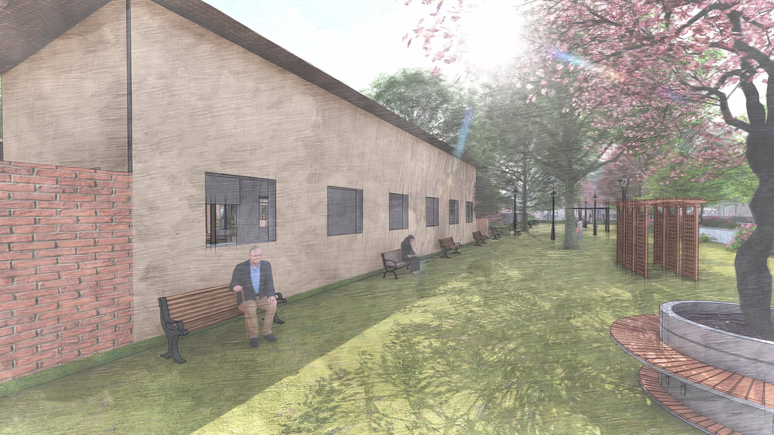 Community greens on the rear side of the workshops