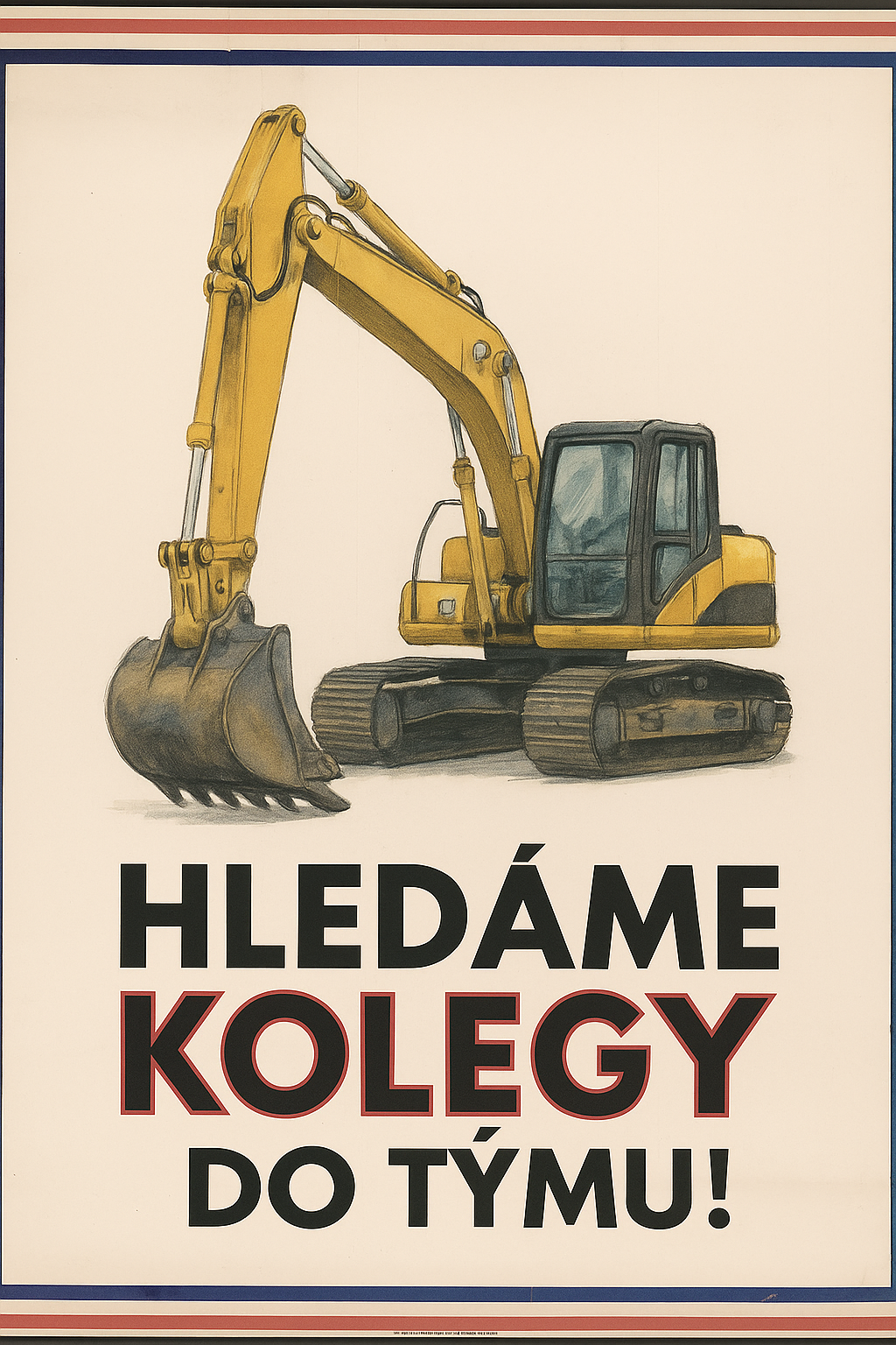 A yellow excavator illustration with bold black and red text that reads, "Hledáme kolegy do týmu!"