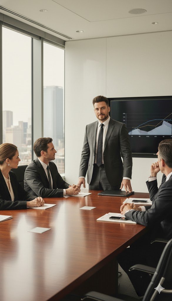 Business meeting in a modern conference room with five executives, one standing and speaking, and charts on a large screen.