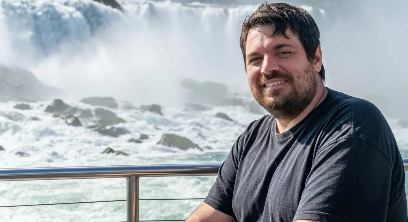 A man with dark hair and a beard smiling while sitting on a boat, with waterfalls and rocks in the background.
