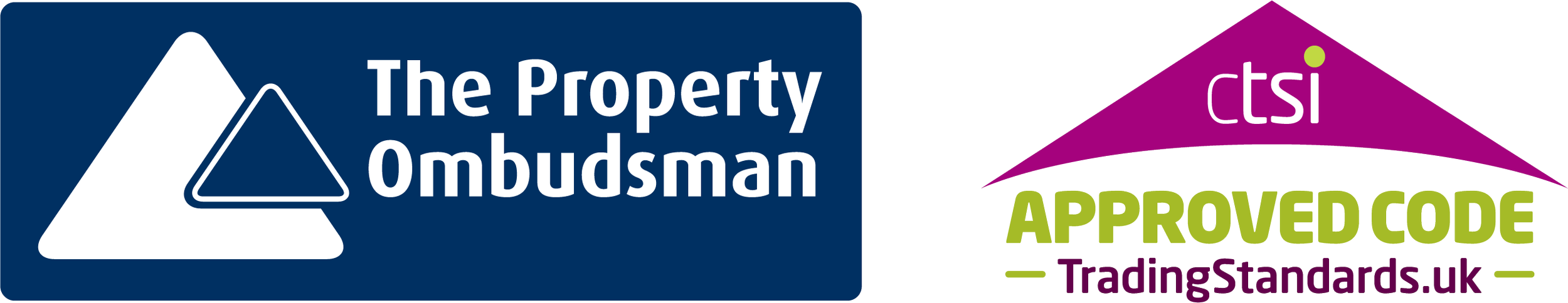 Logos of The Property Ombudsman and CTSI with Approved Code and Trading Standards.uk