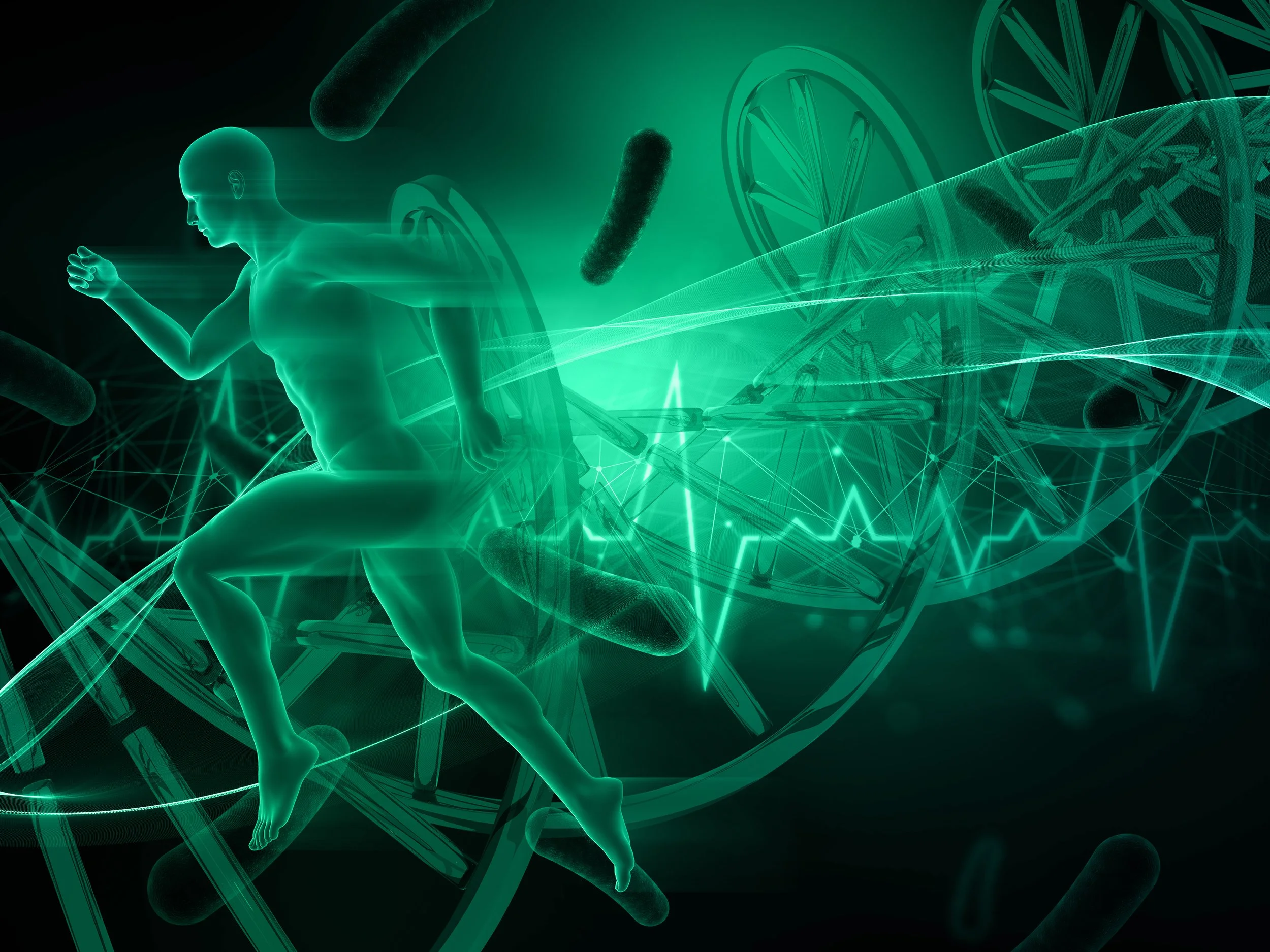 A digital illustration of a human figure running, overlaid with DNA strands and futuristic graphic elements in a green hue.