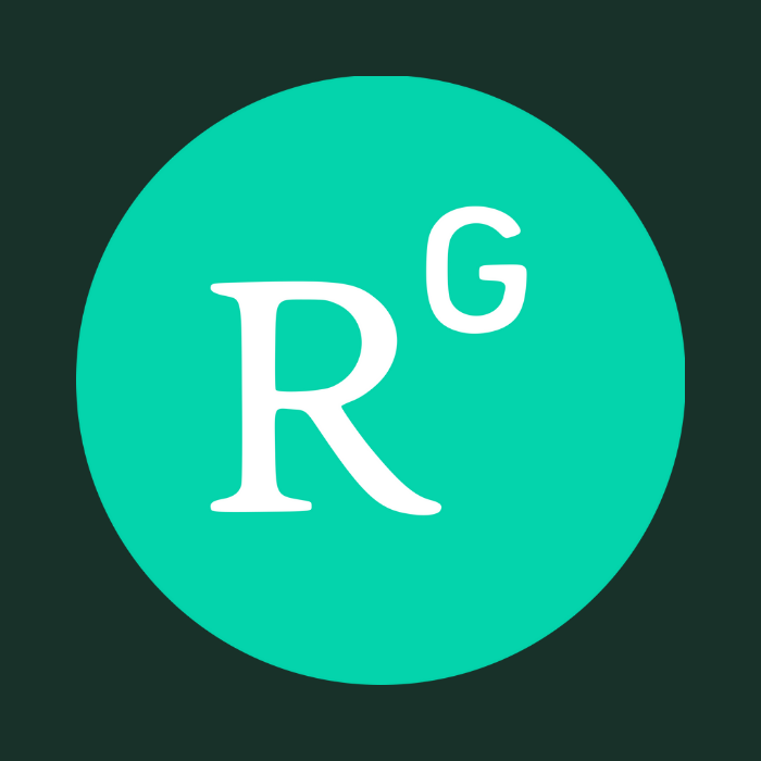 Circle with the letters R and G in white on a teal background