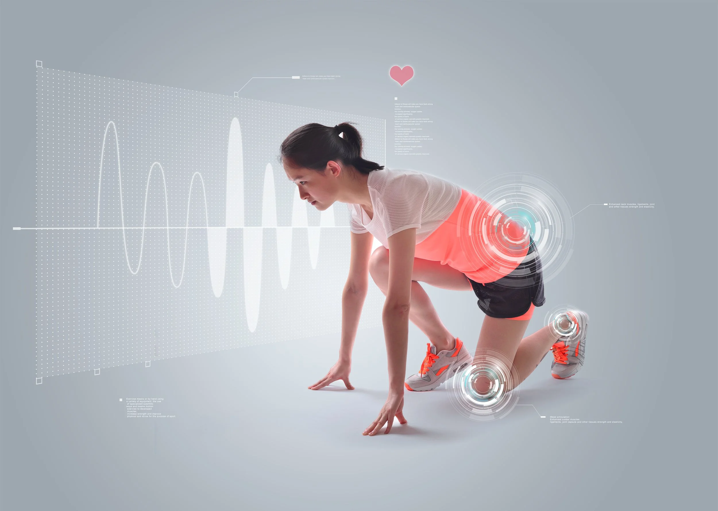 A woman in athletic clothing is on her hands and knees in a starting position, with digital health and fitness graphics overlayed around her, including a heart icon and circular HUD elements.