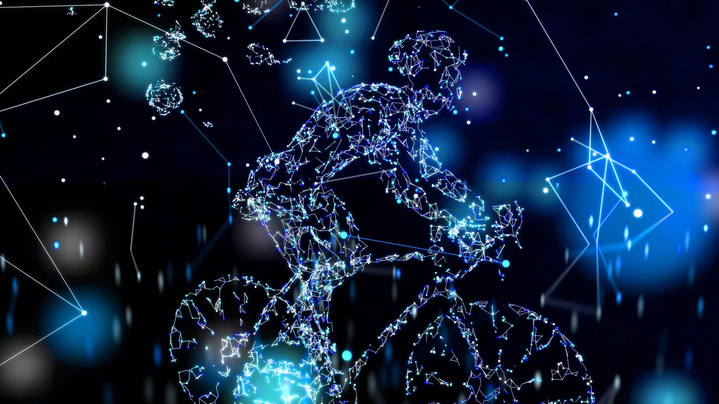 A digital illustration of a person in a running pose made of interconnected blue and white lines and points, with a dark background and abstract geometric light patterns.