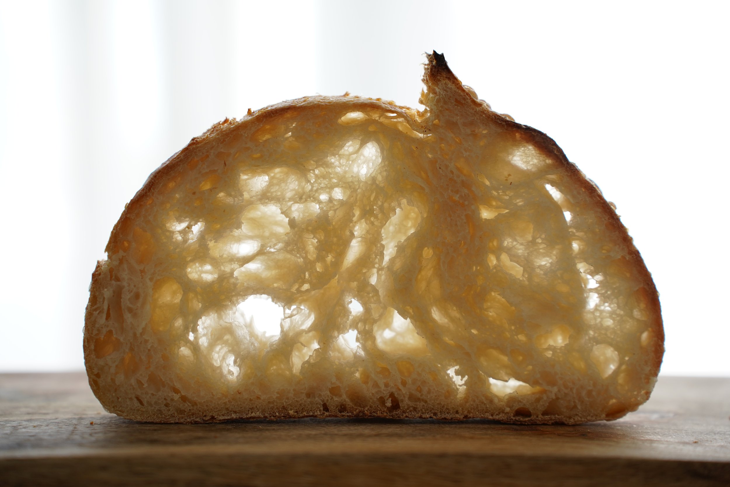 Close-up of a crusty slice of bread showing an airy interior with many holes.