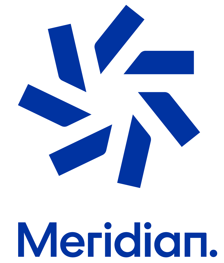 Logo of a blue circle with stylized star-like lines and the word 'Meridian' written below.