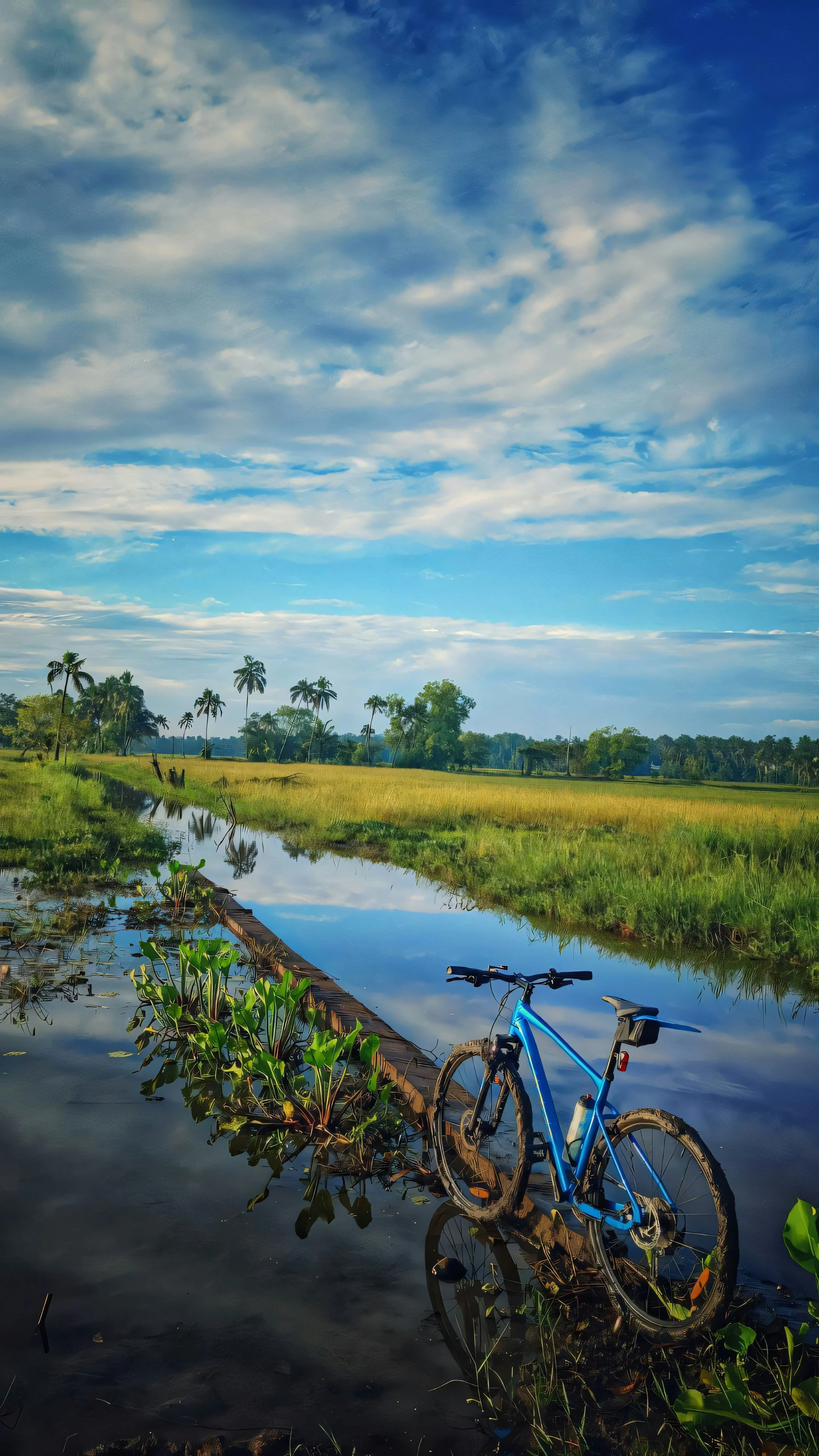 A blue mountain bike partially submerged in a flooded field with green plants and water lilies, reflecting the sky with blue and white clouds, in a rural landscape with trees and palm trees in the background.