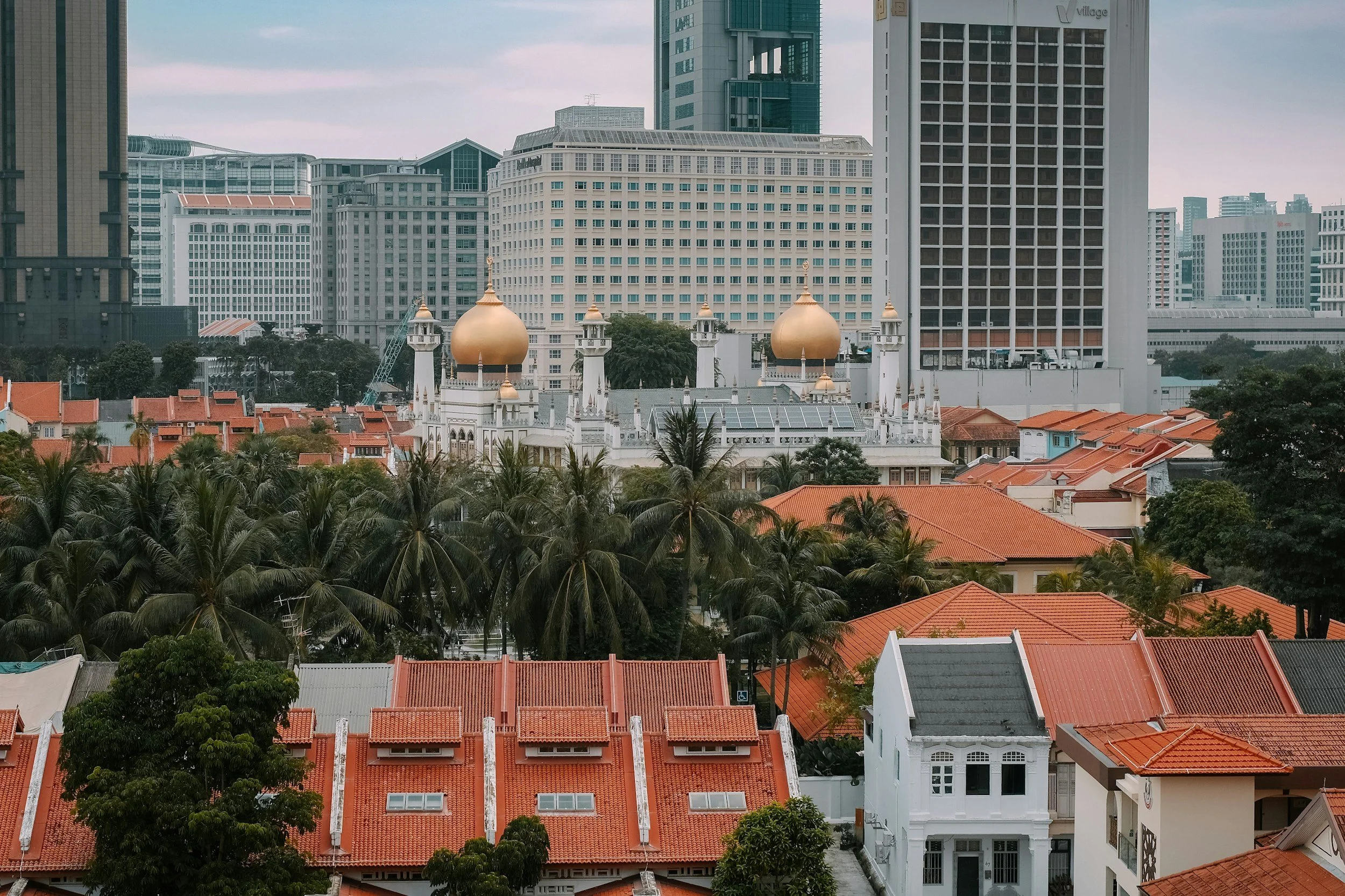 Cityscape with a prominent mosque featuring golden domes, surrounded by modern skyscrapers and red-tiled roofs, with lush green trees in the foreground.