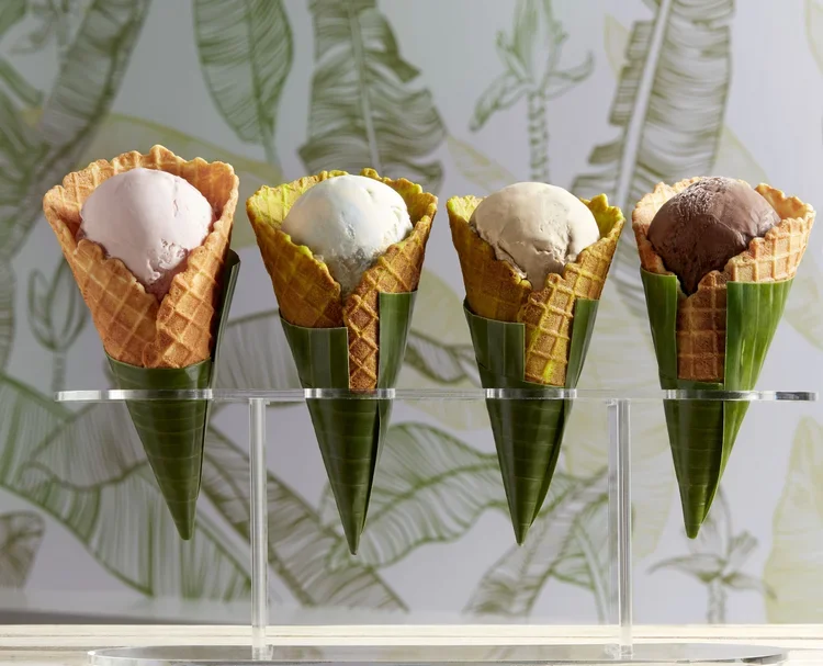 Four ice cream scoops in waffle cones displayed on a transparent stand, with green leaf-patterned wallpaper in the background.