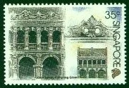Singapore 35-cent postage stamp featuring historic building illustrations
