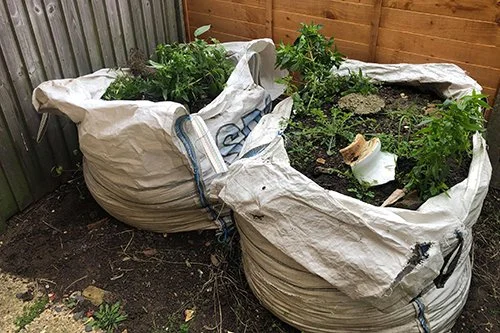 Garden soil bags with green plants growing, placed outdoors in front of wooden fence and a metal fence, with some gardening tools and a broken ceramic pot on top.