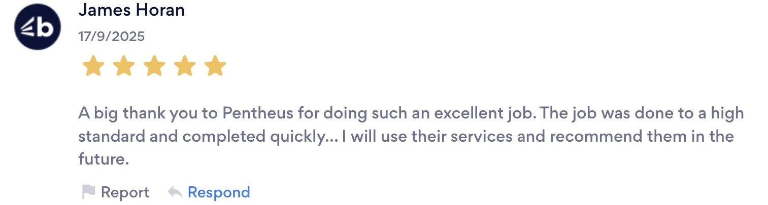 Online review with a 5-star rating, user name James Horan, date 17/9/2025, and positive feedback about Pontheus for high-quality, quick job completion and future recommendations.