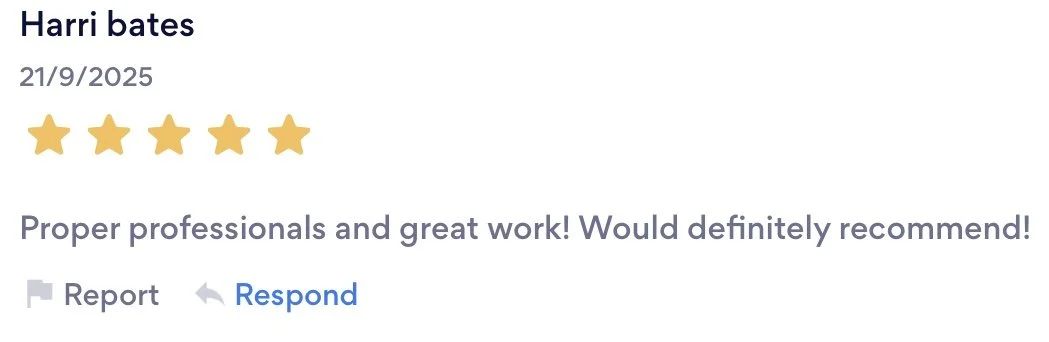 Customer review for Harri Bates, dated September 21, 2025, with a five-star rating and a comment praising the professionalism and quality of work.