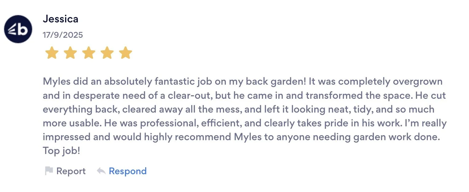 Customer review with five gold stars, named Jessica, dated 17/9/2025, praising a professional gardener for transforming her overgrown back garden, highlighting their efficiency, attention to detail, and high-quality work.
