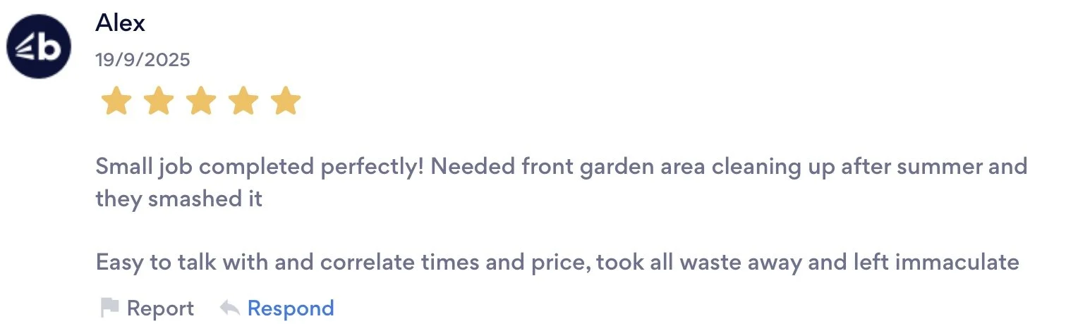 Customer review with a five-star rating for a gardening or landscaping service, mentioning satisfaction with cleaning and debris removal.