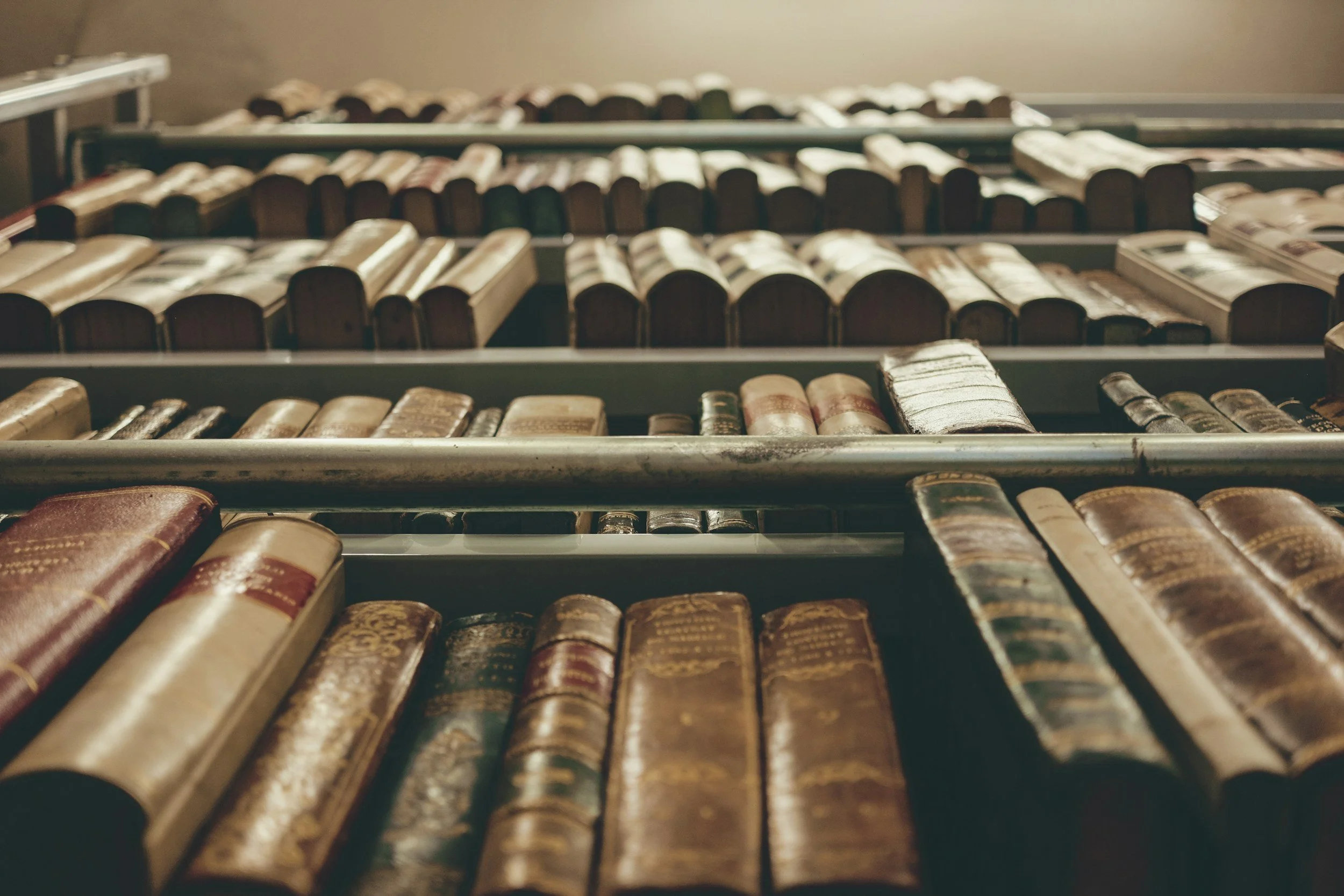 Alte, ledergebundene Bücher auf Bücherregalen in einer Bibliothek oder Buchhandlung.