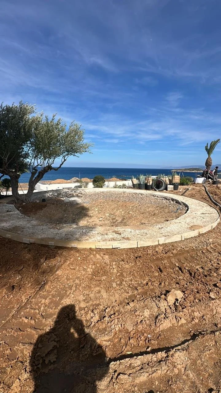 A construction site with a circular foundation or outline, with a tree on the left, potted plants, and a palm tree on the right, overlooking the ocean in the background under a blue sky.