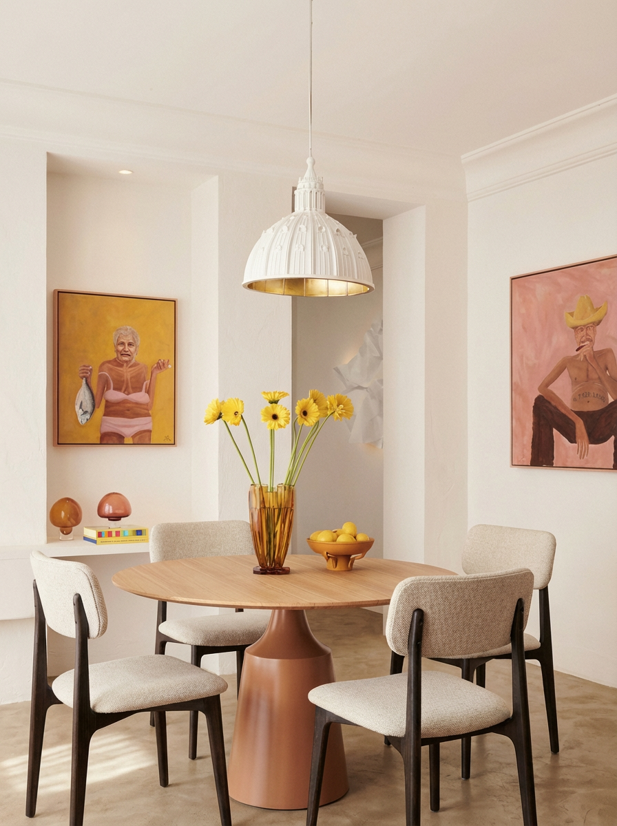 Dining room with a round wooden table, four beige upholstered chairs, a tall amber glass vase with yellow flowers, a bowl of yellow lemons, and a copper-colored base. Two paintings hang on the white walls; one features an elderly woman, and the other features a person wearing a yellow hat. There are decorative items and artwork on a side table.