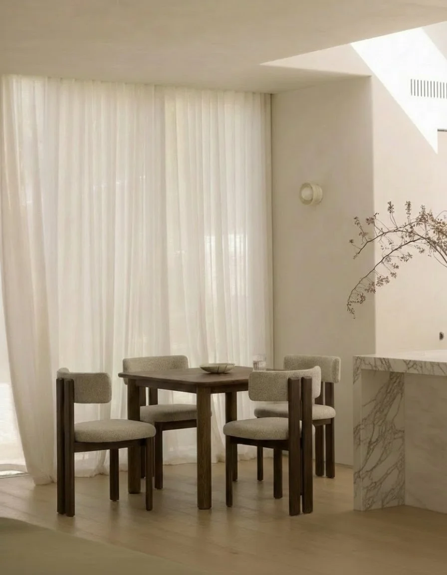 A round wooden dining table with four cushioned chairs in a room with white curtains, a marble countertop, and minimal decor.