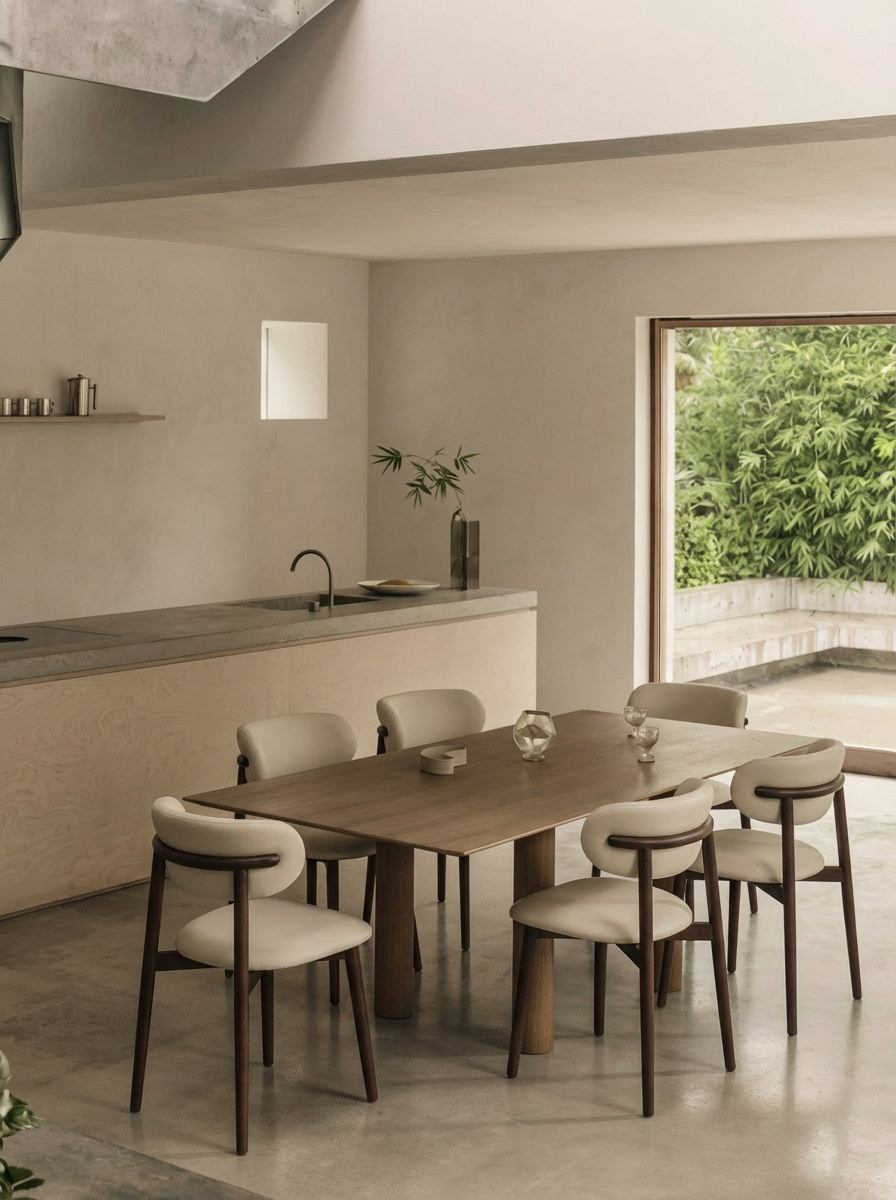 Minimalist dining room with beige chairs around a wooden table, a large glass door showing greenery outside, and a kitchen counter with a vase and plant.