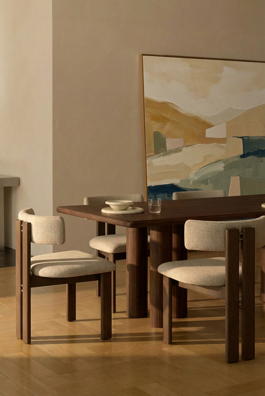 A wooden dining table with four upholstered chairs, a bowl, a small plate, and a glass, with a large abstract painting on the wall behind.