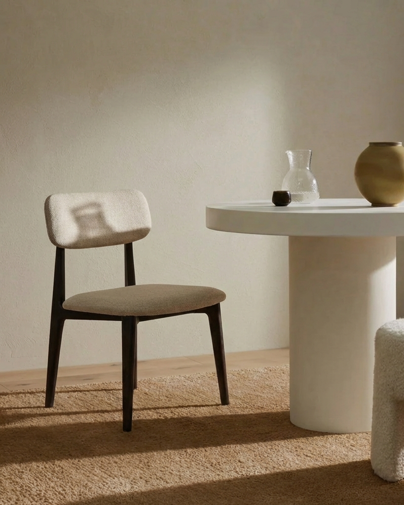 A modern interior space featuring a beige upholstered chair with dark wooden legs, positioned next to a white round table with a textured base. The table holds glass and ceramic vases, and the scene is lit with soft, natural light on a beige carpet.