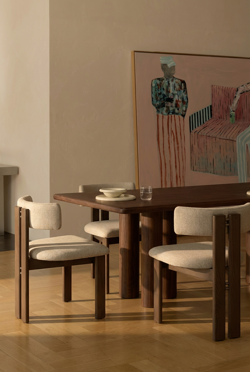 A wooden dining table with four beige upholstered chairs, three chairs visible, a small glass of water, and bowls on the table. A large colorful abstract painting leans against the wall in the background.