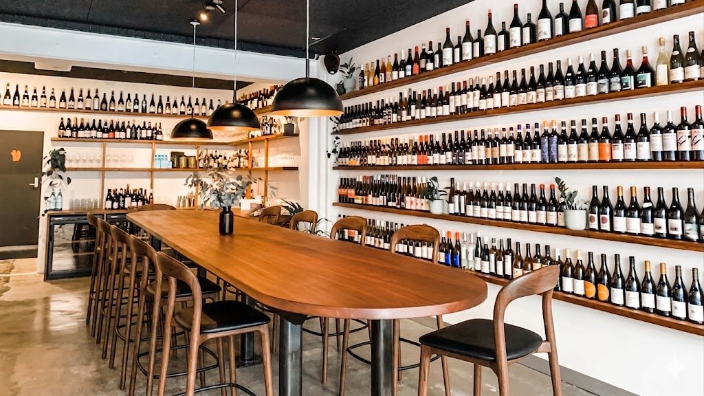 Interior of a wine tasting room with a long wooden table, black chairs, and shelves filled with wine bottles on white walls.